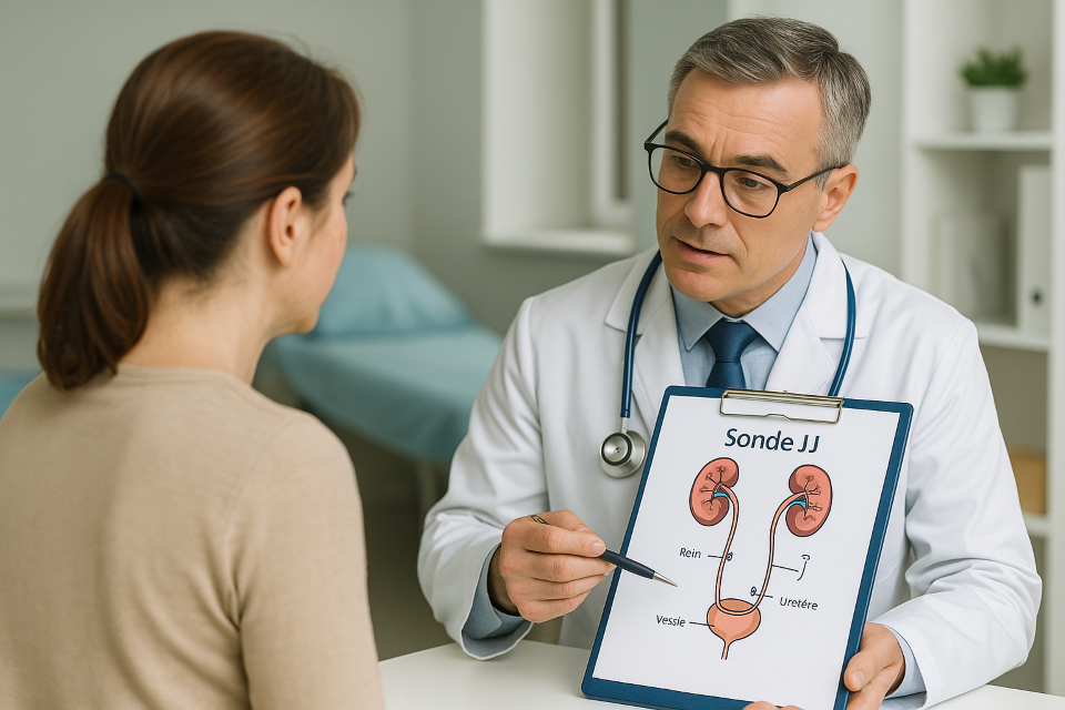 Médecin expliquant la pose d’une sonde JJ à un patient